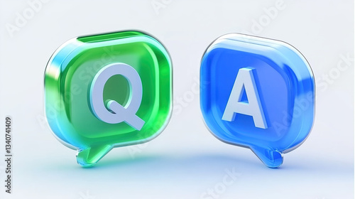 Two speech bubble icons, blue with Q and green with A, featuring technological transparent material and frosted glass texture in isometric perspective, bright 3D art on white background.