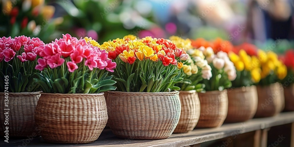 Fototapeta premium A close-up of vibrant spring flowers in woven baskets, perfect for garden events, Easter celebrations, and floral design projects, evoking renewal and joy.