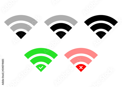 WiFiのアンテナピクトマークのベクターアイコン5セット タイプ3。インターフェイスまたはUI、WiFiスポットロゴの電波状態