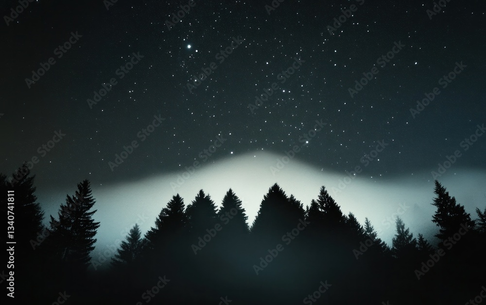 Fototapeta premium Dark Misty Forest Under Starry Night Sky