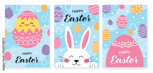 Happy Easter - greeting card set. Easter bunny, egg and cute chick. Colourful hand drawn elements in cartoon style. Vector illustration