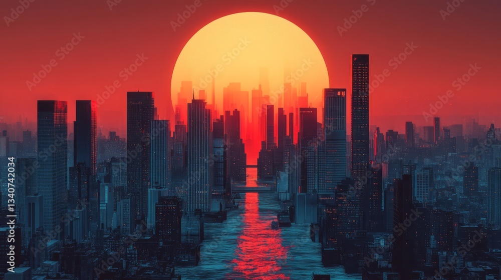 Fototapeta premium Skyline of a futuristic city under a massive sunset