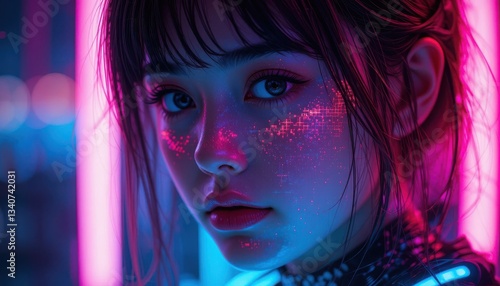 Portrait of Woman with Pink Light at Night