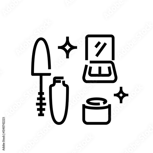 Line icon of decorative cosmetics, featuring a mascara tube, eyeshadow palette, balm container and sparkles. Editable stroke. For beauty designs, branding, websites, mobile apps. Vector illustration