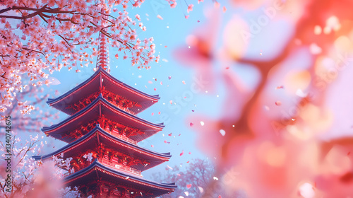 Japanese Pagoda and Cherry Blossoms in Springtime Celebration. A stunning red pagoda framed by delicate cherry blossoms in full bloom, with soft petals floating in the air against a clear blue sky