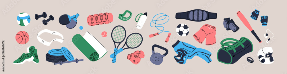 Fototapeta premium Set of different sports equipment. Various fitness gym accessories, training items. Workout supplies: balls, barbell, rackets, skipping rope, yoga mat, baseball bat. Flat isolated vector illustrations