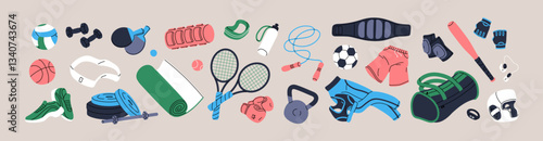Set of different sports equipment. Various fitness gym accessories, training items. Workout supplies: balls, barbell, rackets, skipping rope, yoga mat, baseball bat. Flat isolated vector illustrations