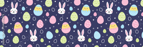 Easter seamless pattern with cute bunny, egg and chick. Collection. Colourful background in cartoon style. Vector illustration