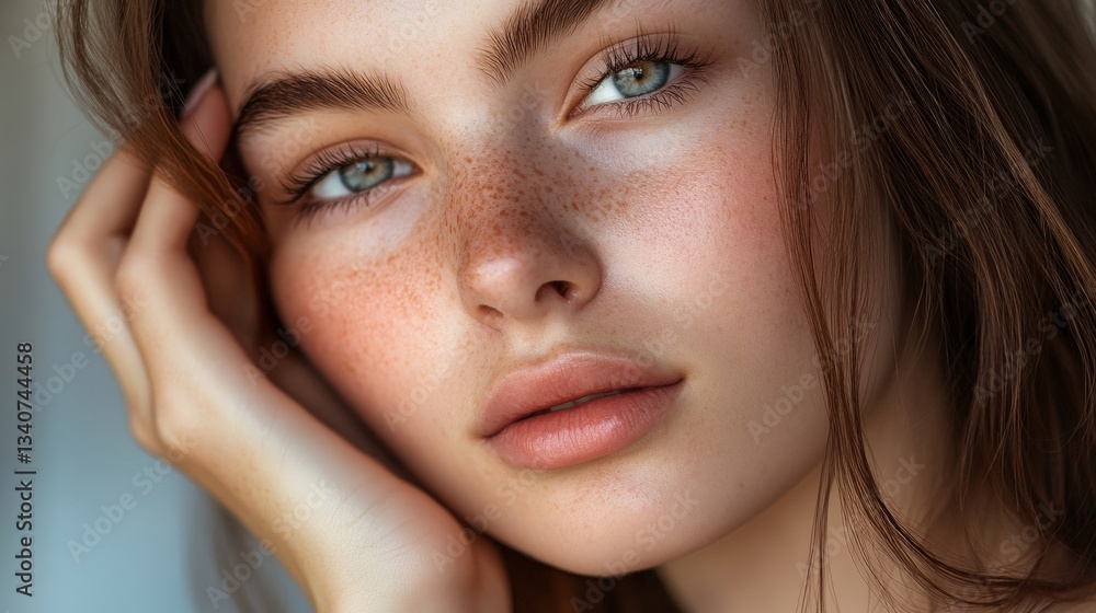 A woman with green eyes and a red nose A woman with green eyes and a red nose