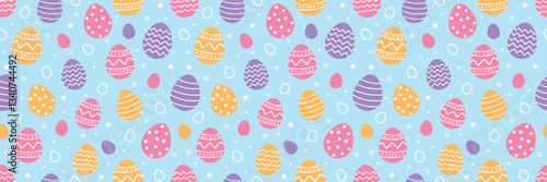 Easter seamless pattern with cute decorated eggs. Colourful background in cartoon style. Vector illustration.