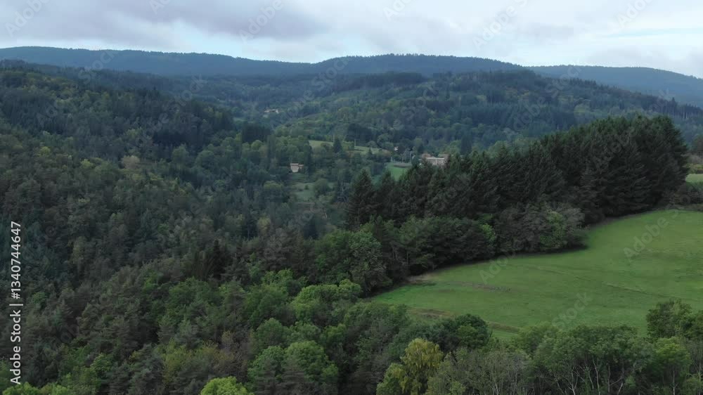 Lush green valley with rolling hills and dense forests, France. Aerial forward Lush green valley with rolling hills and dense forests, France. Aerial forward