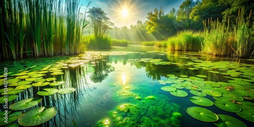 Serene Green Lake: Double Exposure of Aquatic Life and Lush Scenery
