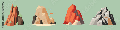 Colorful illustrated rock formations, isolated vector set