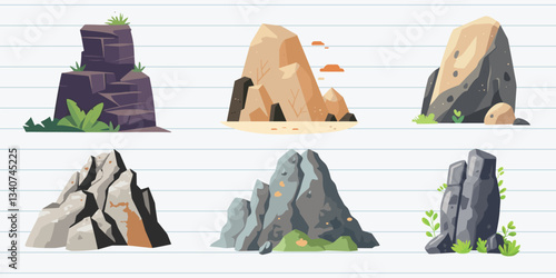 Colorful illustrated rock formations, isolated vector set