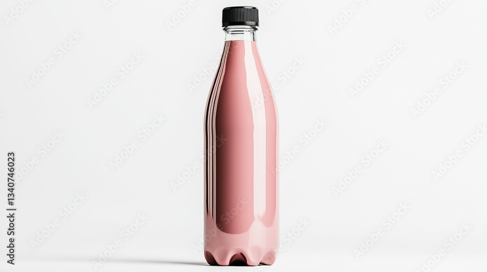 A sleek, modern plastic bottle filled with pink drink, presented on a clean, minimalist background. A sleek, modern plastic bottle filled with pink drink, presented on a clean, minimalist background.
