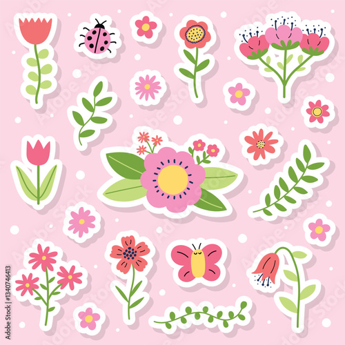 Colourful spring flower stickers set. Icons in cartoon style. Vector illustration