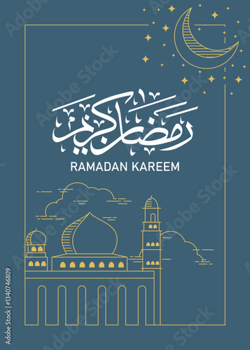 Ramadan poster with one line drawing of mosque and crescent moon, also with calligraphy means "Ramadan Kareen"