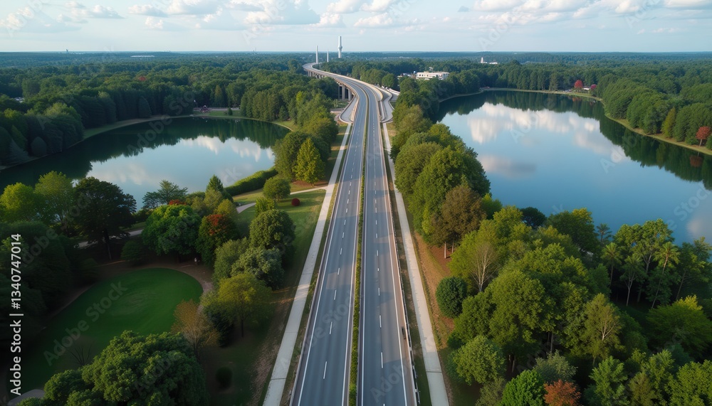 Fototapeta premium Aerial view of a peaceful highway surrounded by lush greenery and tranquil lakes, showcasing nature's beauty.