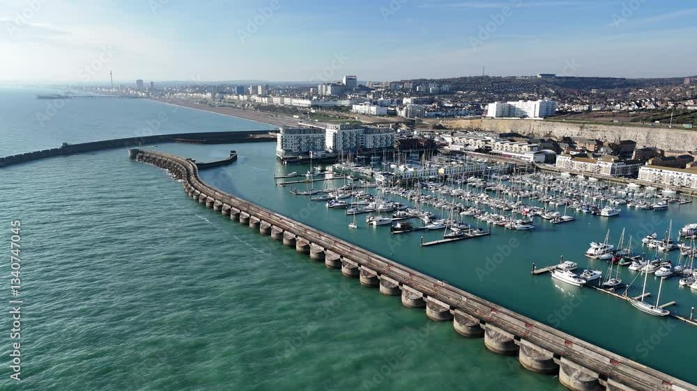 Brighton Marina East Sussex UK pull back drone aerial reverse reveal Brighton Marina East Sussex UK pull back drone aerial reverse reveal
