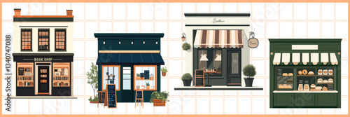 Charming storefront illustrations collection, isolated vector set