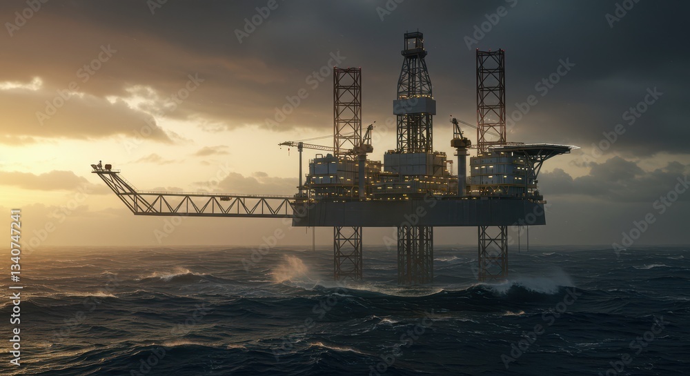 Offshore Oil Platform at Sea Under Dramatic Sky at Dusk Offshore Oil Platform at Sea Under Dramatic Sky at Dusk
