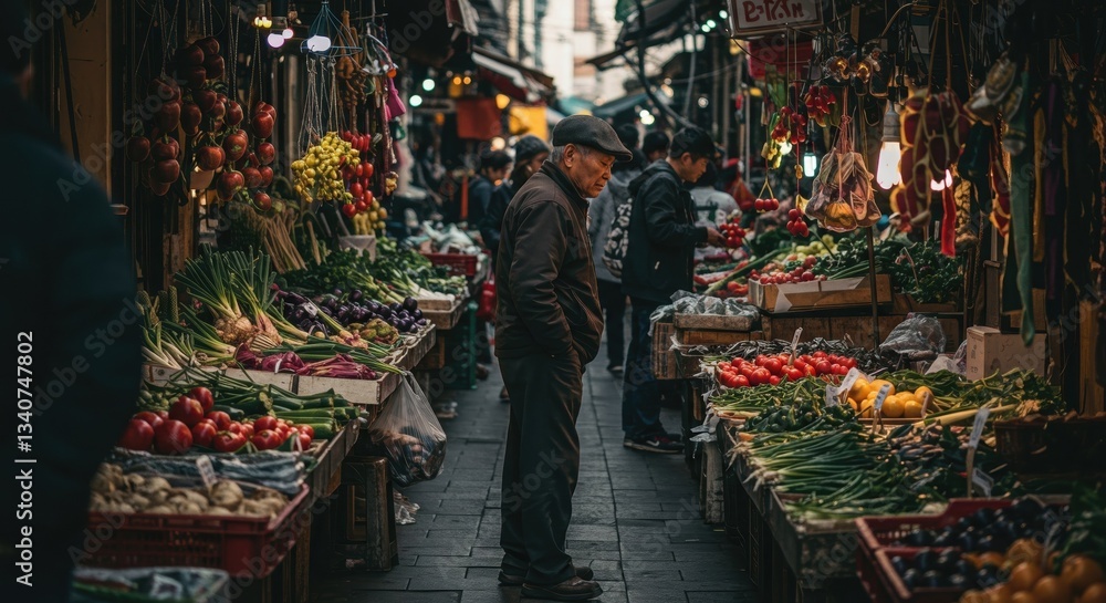 Obraz premium Discover the vibrant atmosphere of a bustling market with fresh produce and lively exchanges.