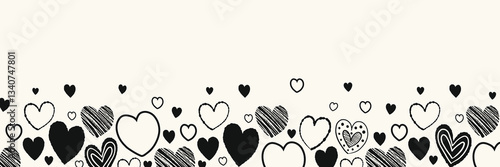 Background with hand drawn flying hearts. Banner design in cartoon style. Doodles. Concept for Valentine’s Day, Mother’s Day and Women’s Day. Vector illustration