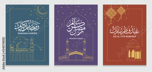 Three poster with calligraphy from the left means "Ramadan Kareem", "Ramadan Kareem", and "Eid al Fitr Mubarak"