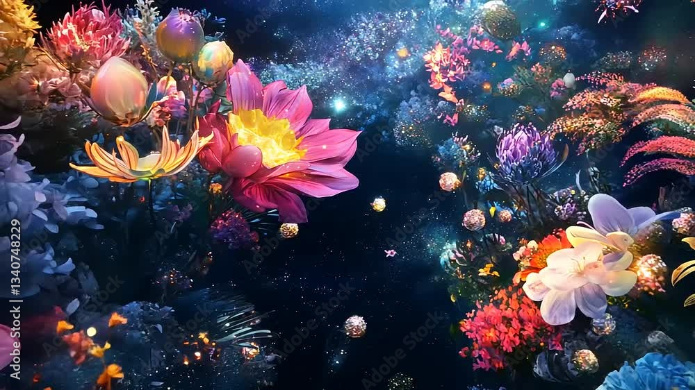 Vibrant cosmic garden filled with colorful flowers and celestial elements in a dreamy space Vibrant cosmic garden filled with colorful flowers and celestial elements in a dreamy space