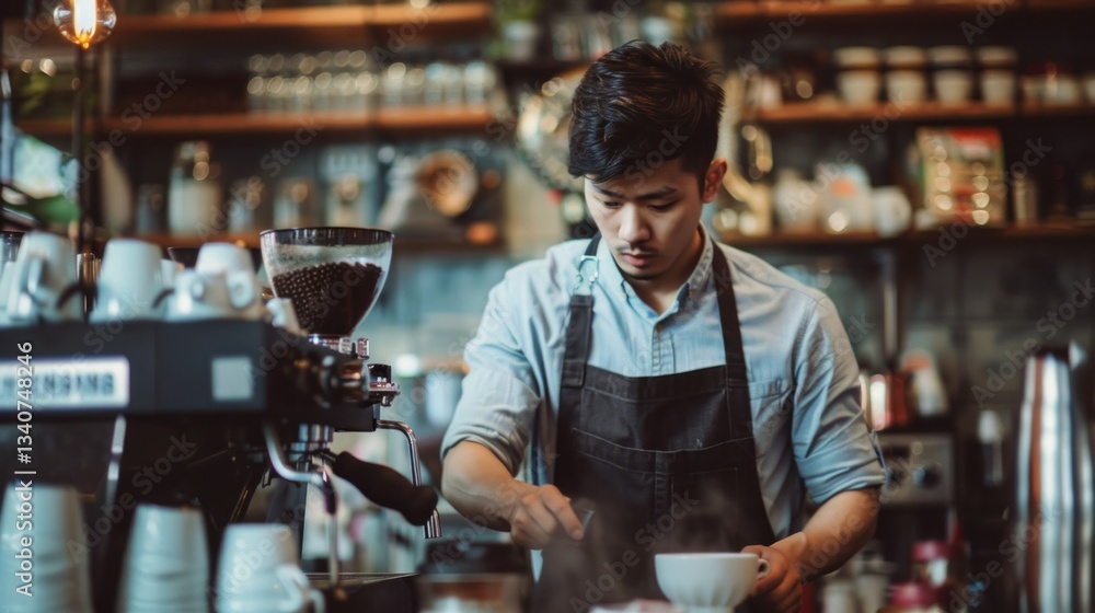 A barista wearing a black apron while brewing coffee. A barista wearing a black apron while brewing coffee.