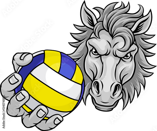 Horse mustang bronco stallion angry volleyball sports team mascot holding a ball.