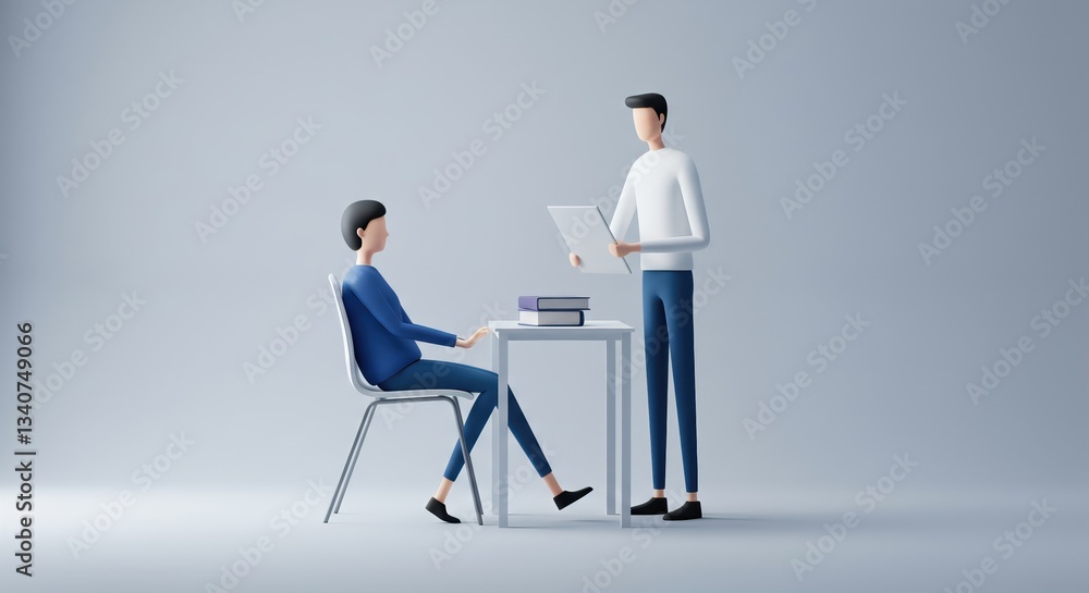 Minimalist Office Meeting Scene with Colleagues Engaged in Discussion. Discover Teamwork and Collaboration in Modern Workspaces through this Illustration.