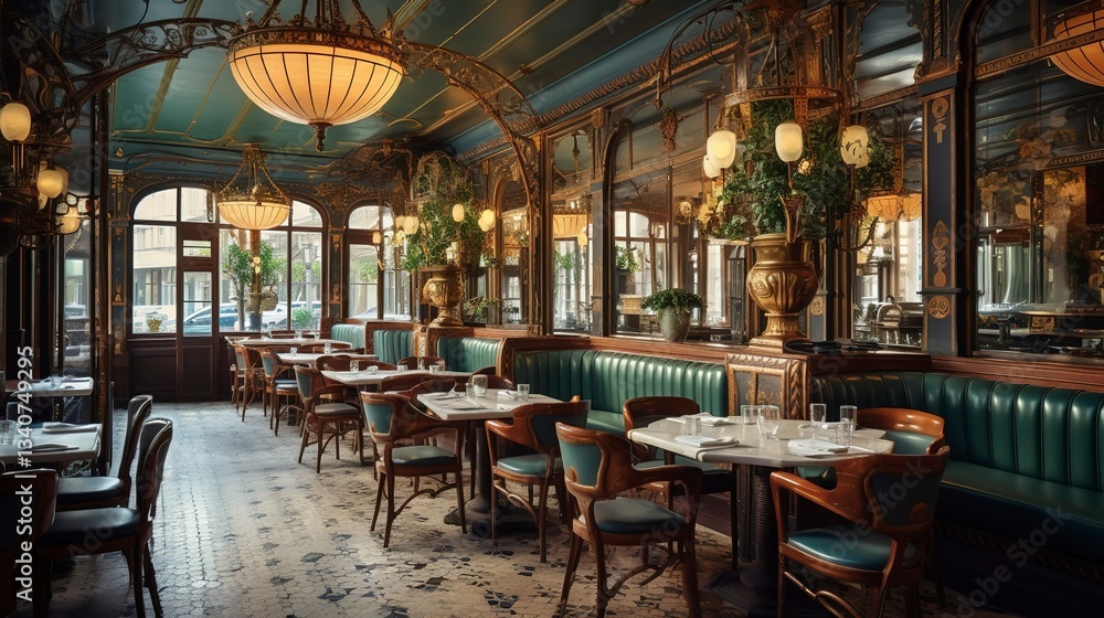 A photo of an upscale French brasserie with Parisian A photo of an upscale French brasserie with Parisian