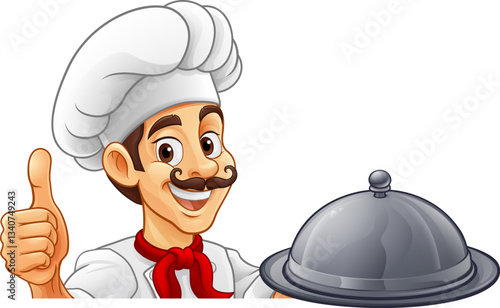 A chef or baker cartoon cook peeking around a sign or menu with copyspace. Giving a thumbs up and holding a platter plate or tray with cloche, mascot character illustration
