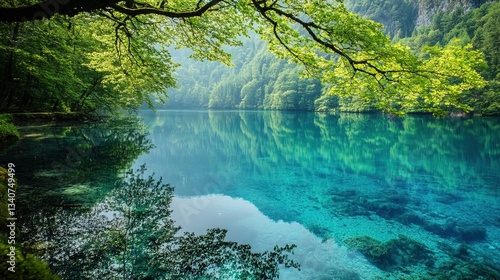 Tranquil Forest Lake with Crystal Clear Reflections of Trees and Sky