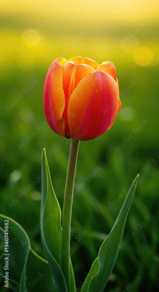 Fototapeta premium Vibrant Red and Yellow Tulip in Sunlit Spring Garden - A Stunning Floral Photograph