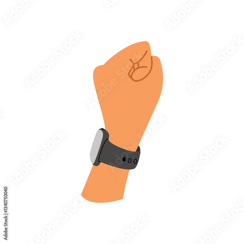 Hand wearing a smartwatch with a black strap, modern wearable wireless pay technology and fitness tracking