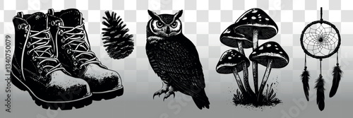 Nature-inspired monochrome vector illustrations, isolated vector set