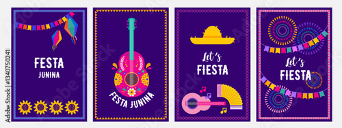 Festa junina poster with geometric pattern. Summer brazilian carnival banner with icons of music, lanterns, flowers, hats and flags. Geometric banner of june festival in Brazil, vector illustration