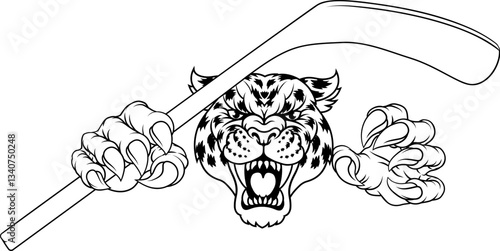 A jaguar, panther, leopard or cheetah wildcat spotted cat hockey sports team mascot holding an ice hockey stick
