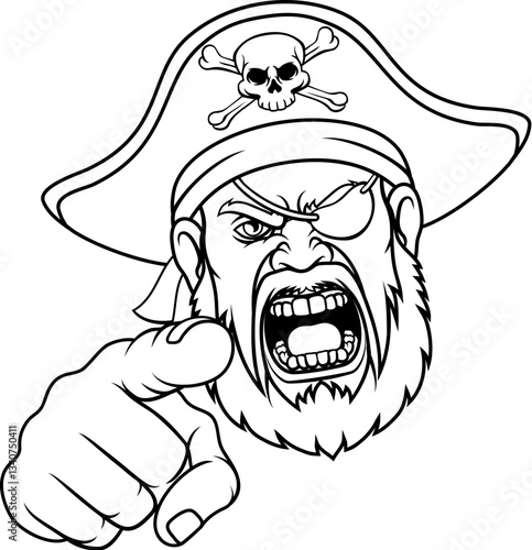 A pirate captain angry mascot cartoon man face or head pointing at the viewer.