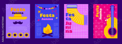 Festa junina poster with geometric pattern. Summer brazilian carnival banner with icons of music, lanterns, flowers, hats and flags. Geometric banner of june festival in Brazil, vector illustration