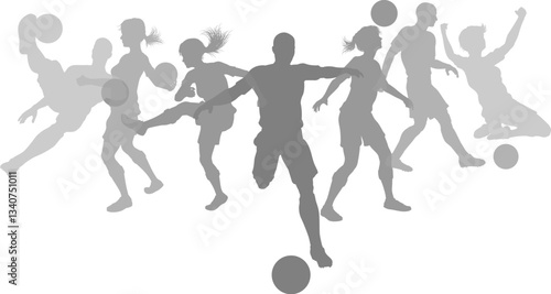 Silhouette soccer football player set. Active sports people healthy players fitness silhouettes concept.