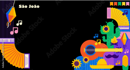 Festa junina poster with geometric pattern. Summer brazilian carnival banner with icons of music, lanterns, flowers, hats and flags. Geometric banner of june festival in Brazil, vector illustration