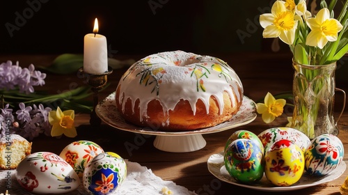 Festive Easter table decorated with cakes, eggs and spring flowers