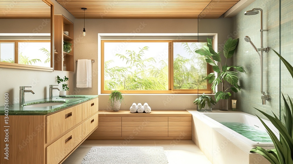 Fototapeta premium Minimalist bathroom with tropical plants creating relaxing atmosphere. Ai generative