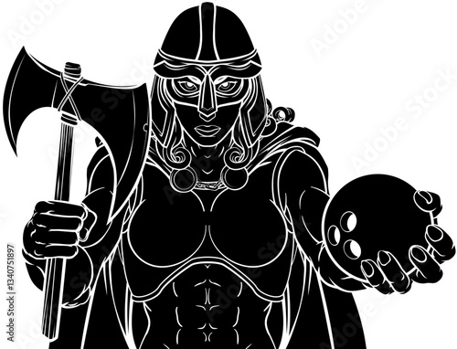 A female Viking, Trojan Spartan or Celtic warrior woman gladiator knight bowling sports mascot