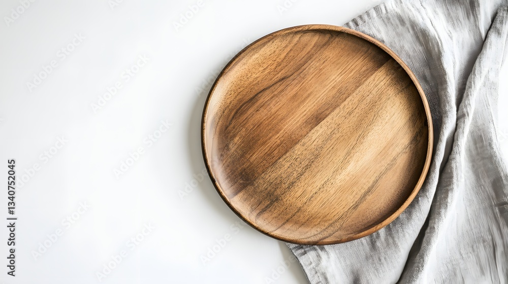 Wooden plate rests on a linen cloth against white surface Wooden plate rests on a linen cloth against white surface