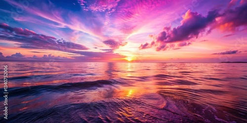 Serene Pink & Purple Sunset over Calm Ocean Waters - Peaceful Coastal Scene