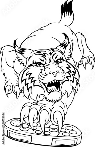 Wildcat bobcat lynx gamer holding a computer video games controller with sharp claw sports team mascot design.